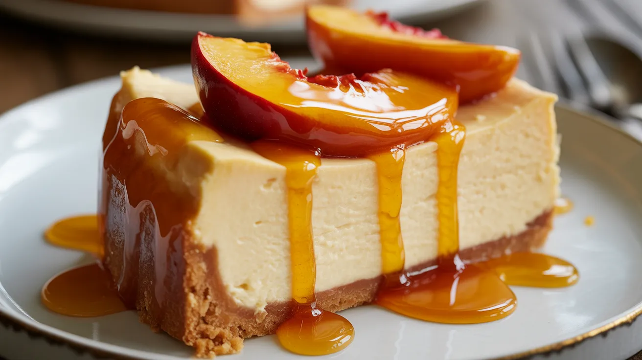 Close-up detail of A slice of “swicy” hot honey & roasted peach cheesecake just after unmolding