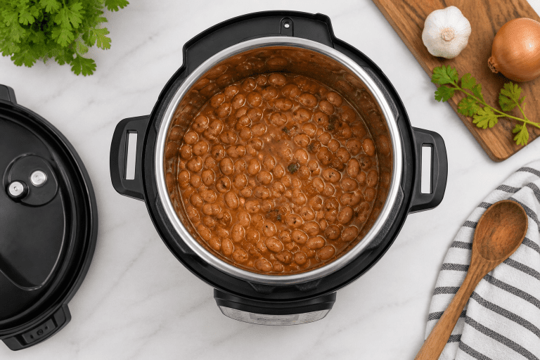 horizontal picture of an overhead open pressure cooker on a kitchen counter with beans in it simmering