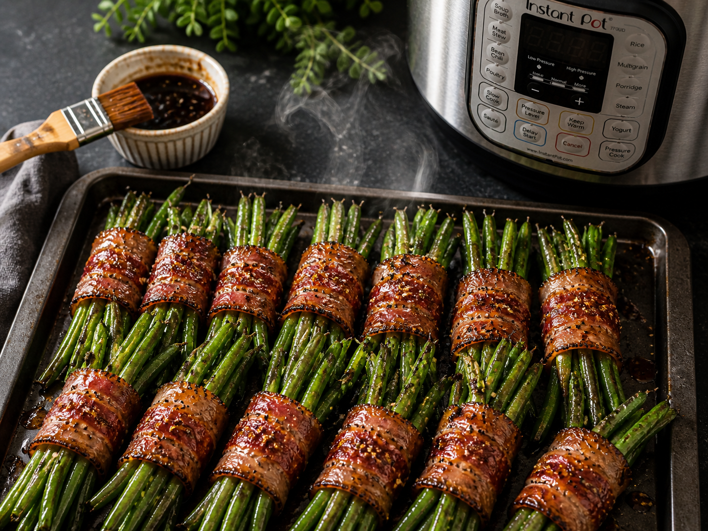 bacon-wrapped green bean bundles arranged on a tray, lightly brushed with a brown sugar–soy–garlic glaze and sprinkled with cracked peppe