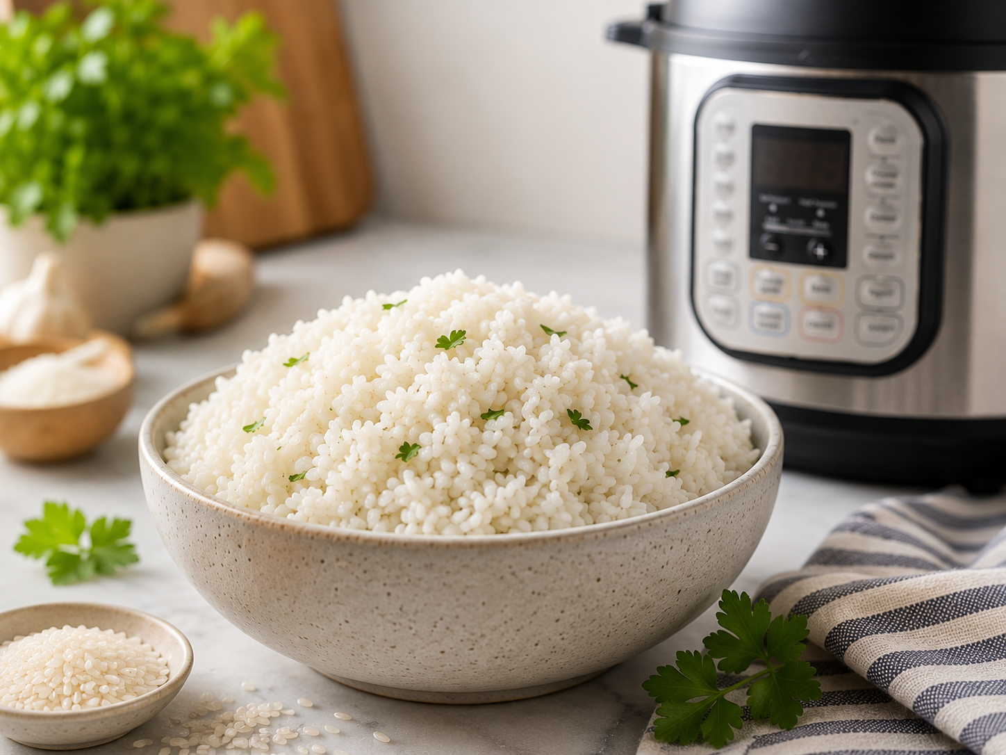 bowl of rice on counter