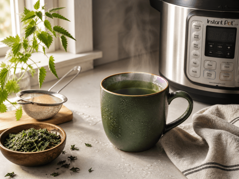 deep green mug of nettle tea beside an Instant Pot on a clean kitchen counter, with a small bowl of dried nettle leaves and a fine-mesh strainer resting nearby; soft morning window light from the left creates gentle steam and highlights the tea’s rich emerald hue, with subtle water droplets and a springlike, fresh atmosphere; composed wide with negative space for a blog header, shallow depth of field, natural textures (linen towel, wood), and a modern, warm, minimalist style.